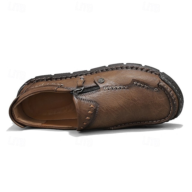 Leather with Side Faux Brown Slip-On Loafers Men's Zipper