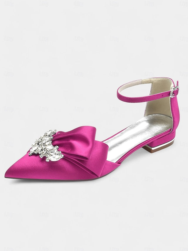 and Bow with Satin Ankle White Pointed-Toe Rhinestone Heels