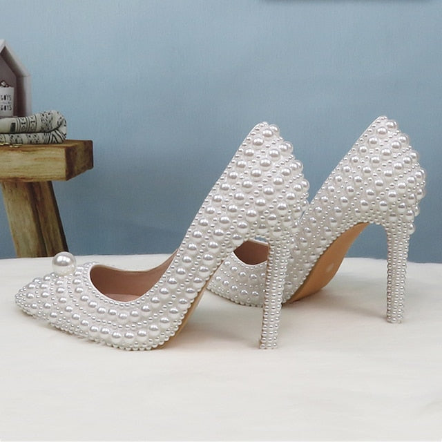 Pearl-Embellished and Round Heels Pearl White Stiletto Set Purse