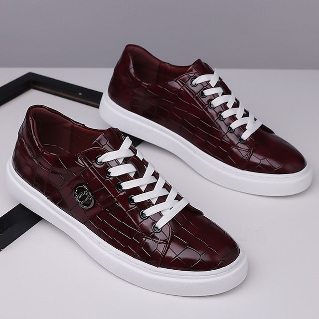 with Men's Pattern Faux Burgundy Sneakers Leather Crocodile