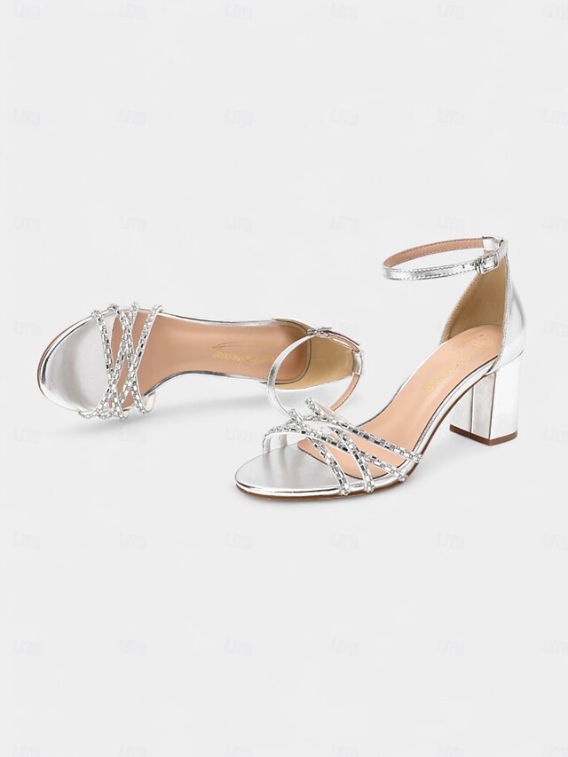 Silver Strappy Metallic Block Sandals with Heel Rhinestone