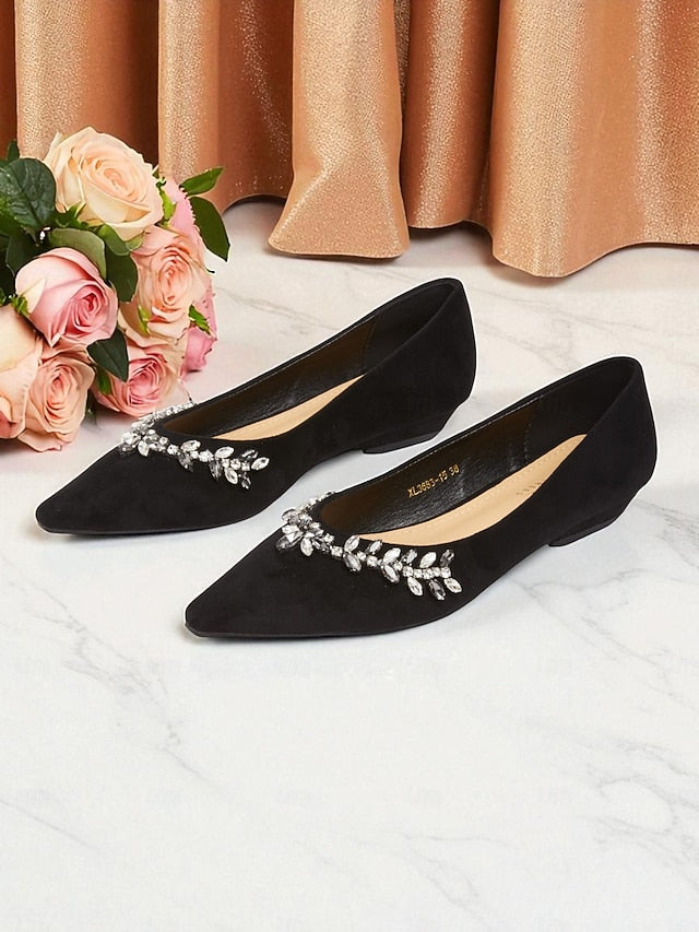Women's Black Suede Pointed Rhinestone Toe with Flats