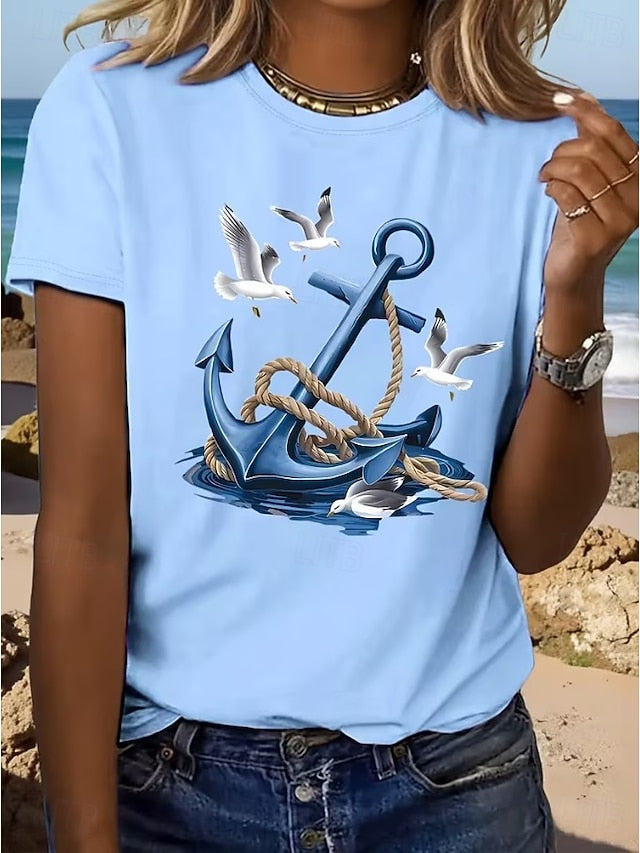 Women's T Shirt Print Graphic Anchor Vintage Stylish