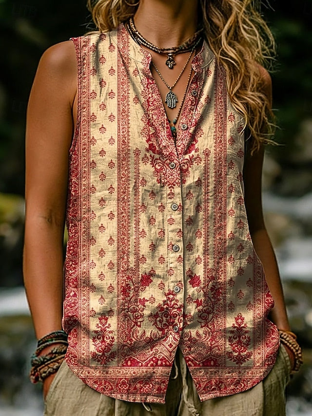Women's Shirt Cotton Linen Vest Linen Vest Buttons Print