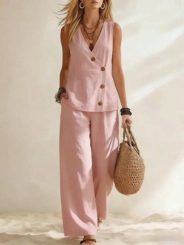 Women's Pants Sets Sleeveless V Neck Plain Fashion