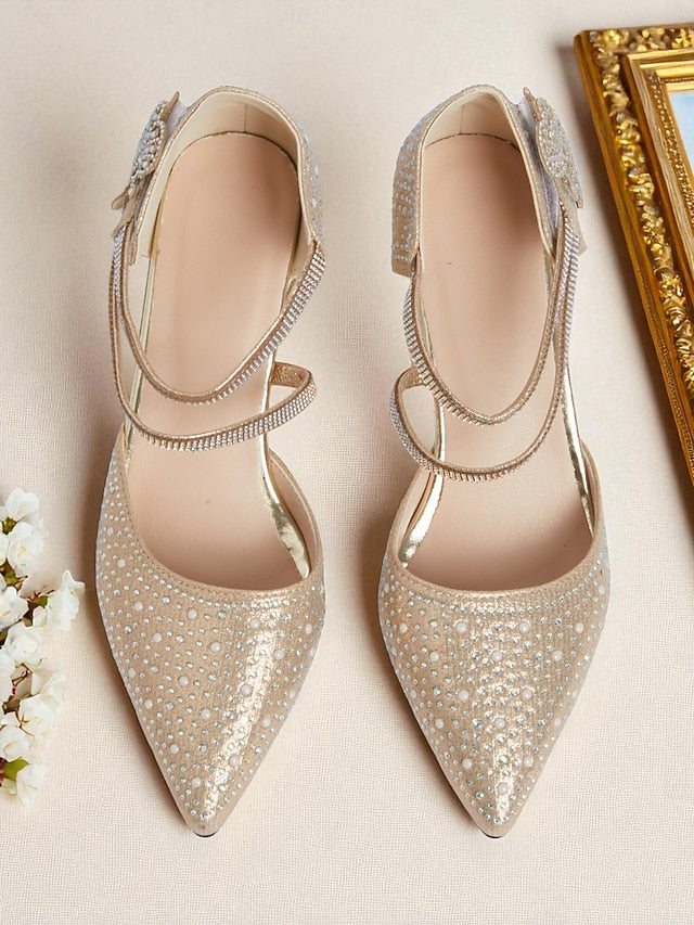 Ankle Pointed Women's Strap Low Rhinestone Glitter Heel Toe