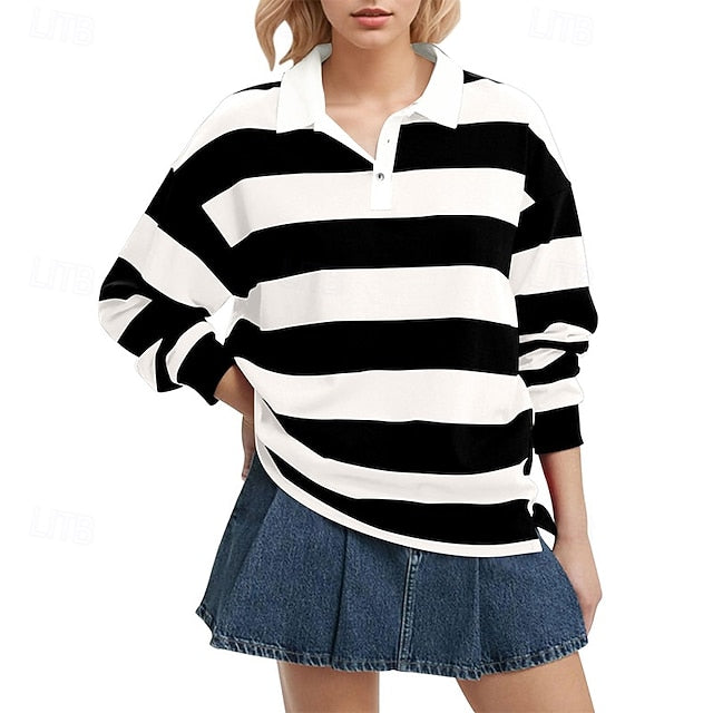 Women's T Shirt Tee Top Buttons Striped Fashion Stylish