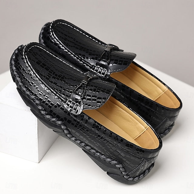 – Driving Black Crocodile Men’s Textured Moc-Toe Loafers