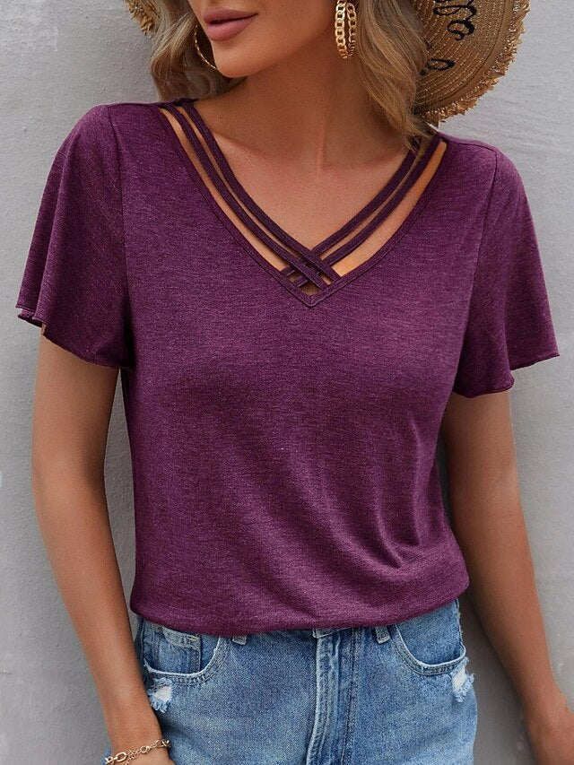 Women's T Shirt Tee Top Criss-Cross Hollow Out Plain