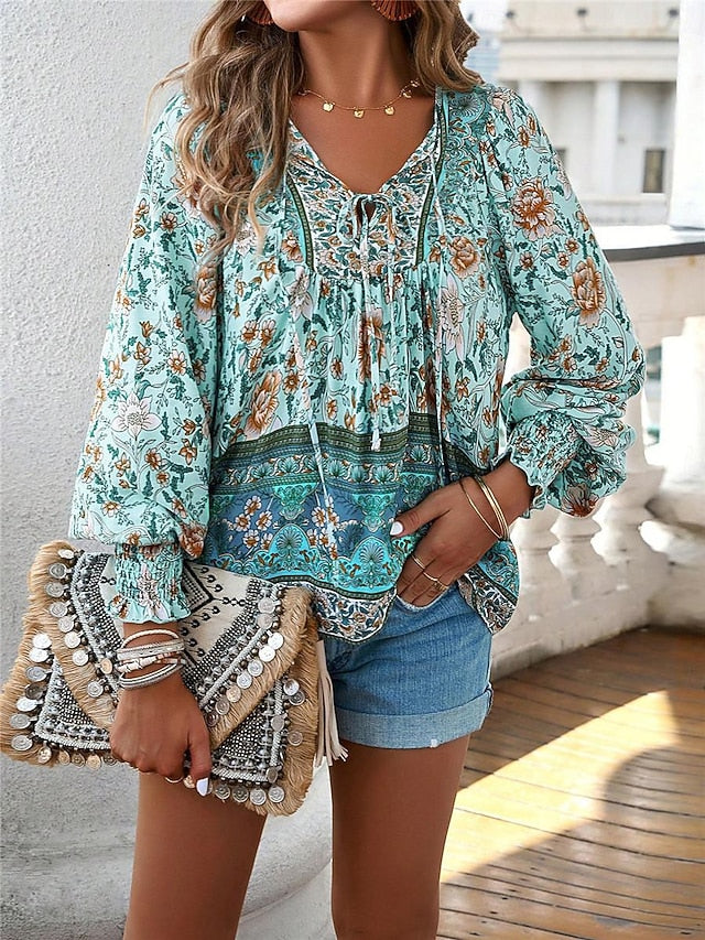 Women's Shirt Blouse Casual Boho Floral Lace up Print Long