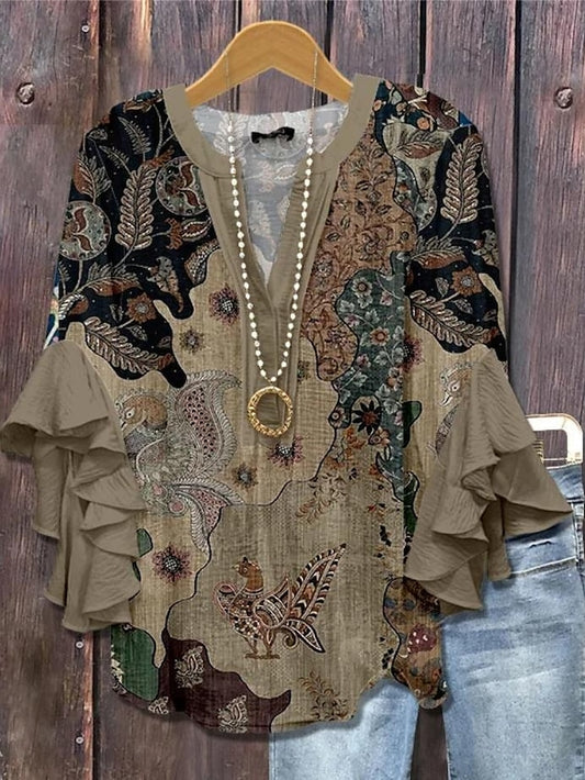 Women's Retro Blouse Layered Ruffle Sleeve Tops Vintage