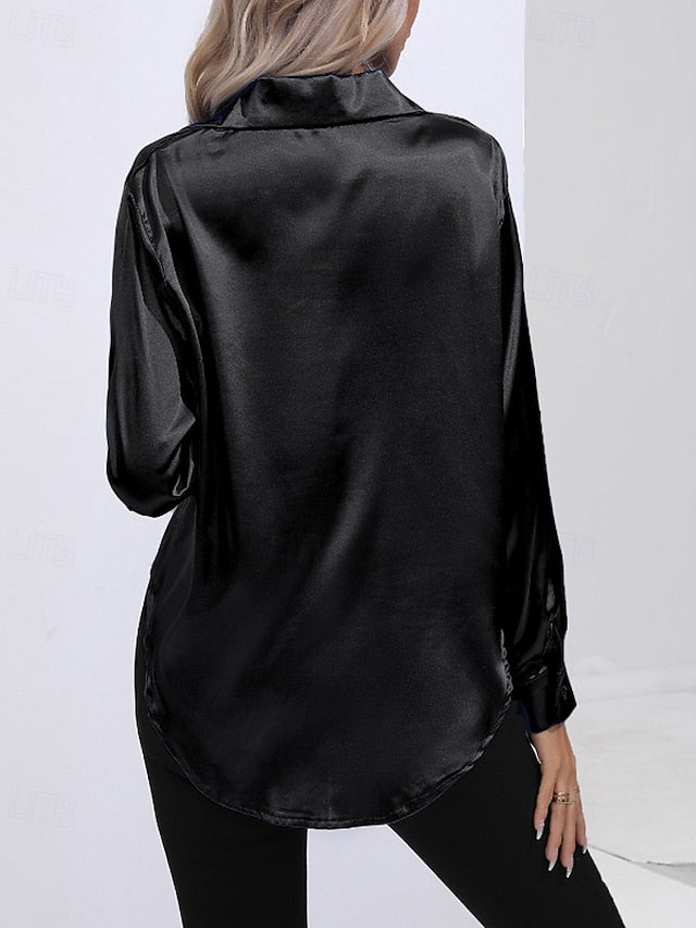 Women's Shirt Elegant Satin Top Blouse Buttons Plain