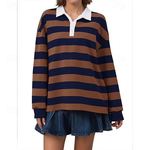 Women's T Shirt Tee Top Buttons Striped Fashion Stylish