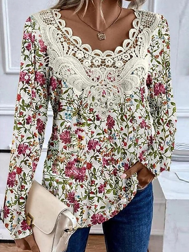 Women's Blouse Lace Patchwork Print Floral Marble Stylish