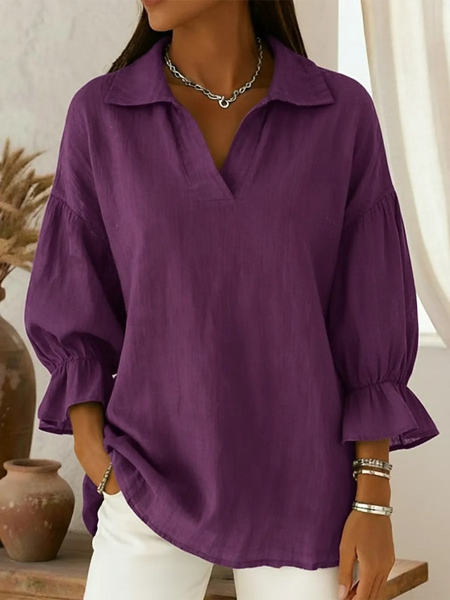 Women's Blouse Faux Linen Shirt Solid Color Stylish Casual