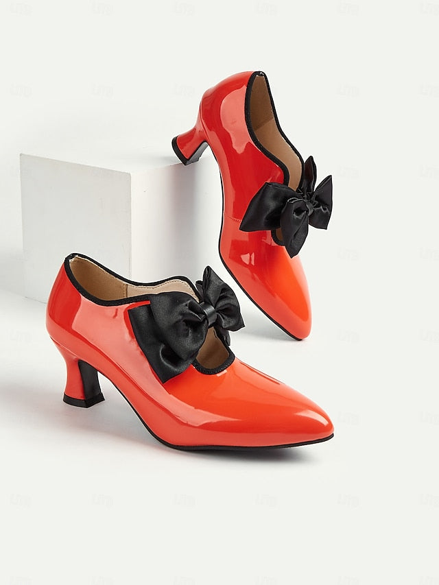 Women's – Patent Heel Leather Vintage Red 1920s Shoes Low