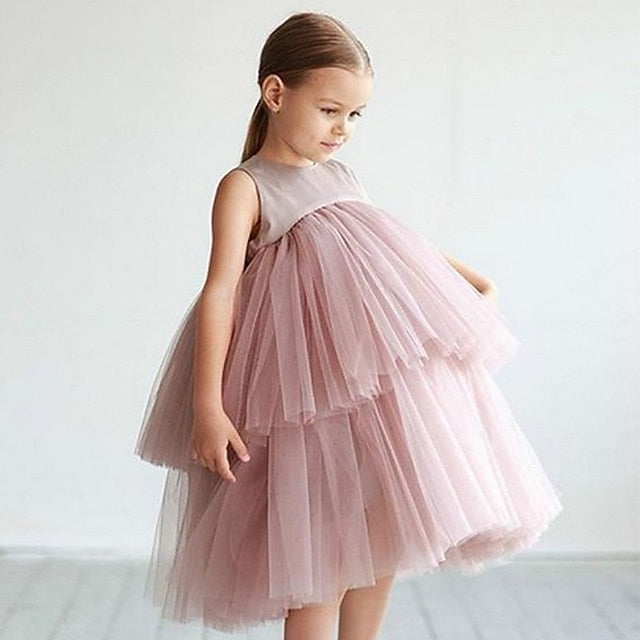 Sleeveless Wedding Party Color Solid Girls' Mesh Dress Kids