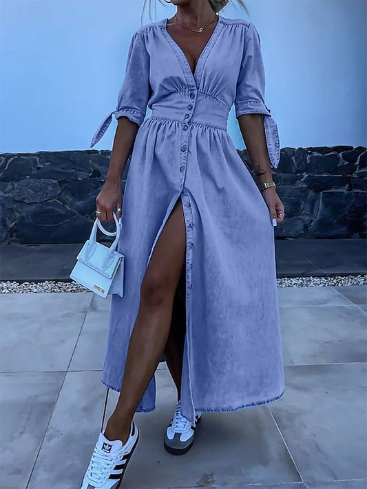 Women's Denim Dress Shirt Dress Maxi long Dress Office
