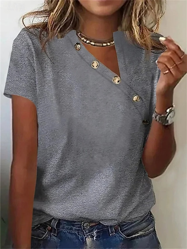 Women's T Shirt Dressy Tops Buttons Solid Color Stylish