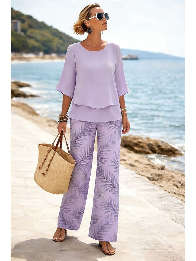 Women's Pants Sets Half Sleeve Butterfly Sleeve Round Neck