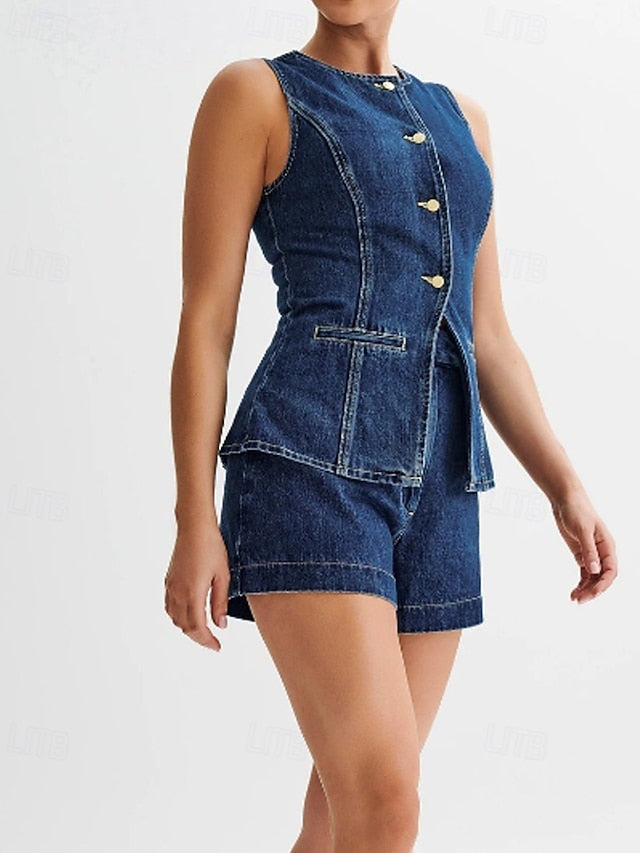 Women's Blouse Shorts Sets Sleeveless Crew Neck Solid Color