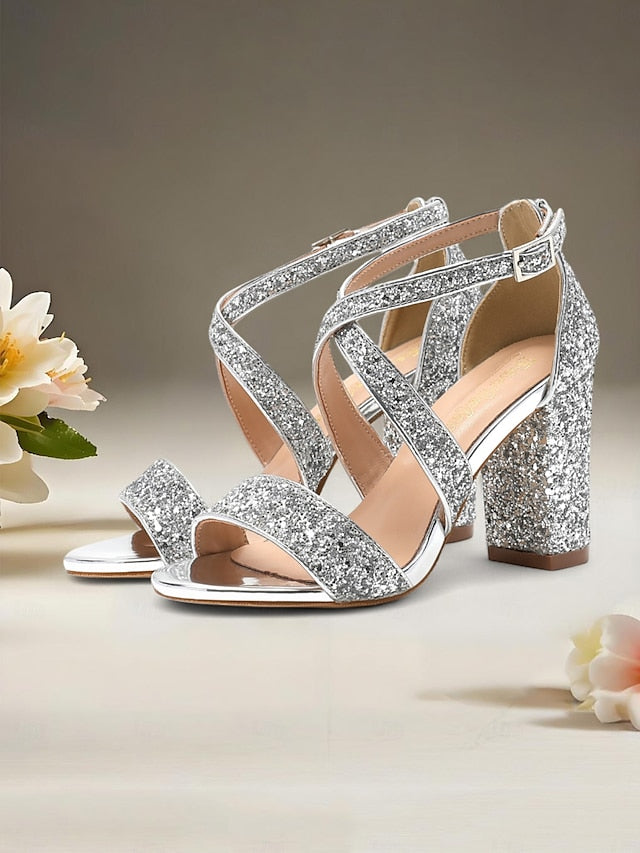 Block Gold Glitter Sandals Women's Heel