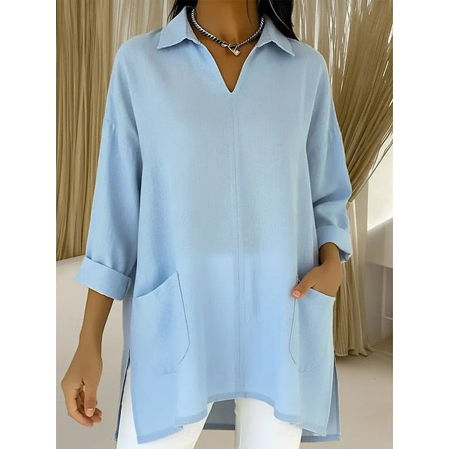 Women's Popover Shirt Casual Shirt Blouse Patchwork Pocket