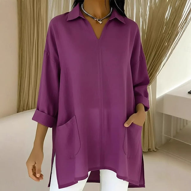 Women's Popover Shirt Casual Shirt Blouse Patchwork Pocket