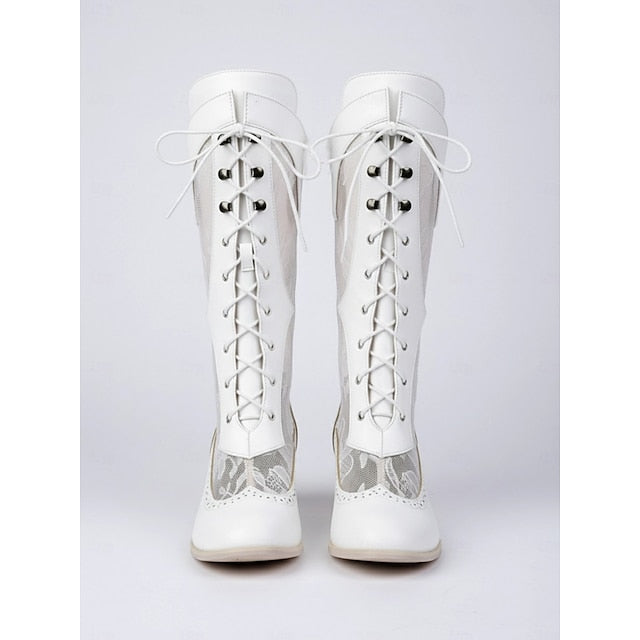 Lace-Up Victorian-Style Lace White Boots with Women's