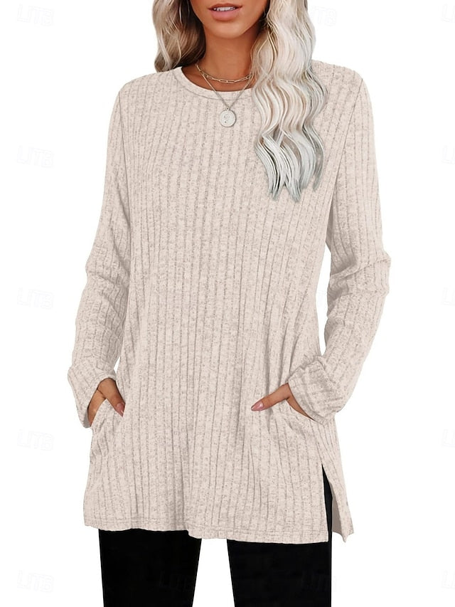 Women's Blouse Long Sleeve Tops Pocket Plain Stylish