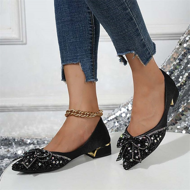 with Rhinestone - Flats Women's Elegant Bow Glitter Detail