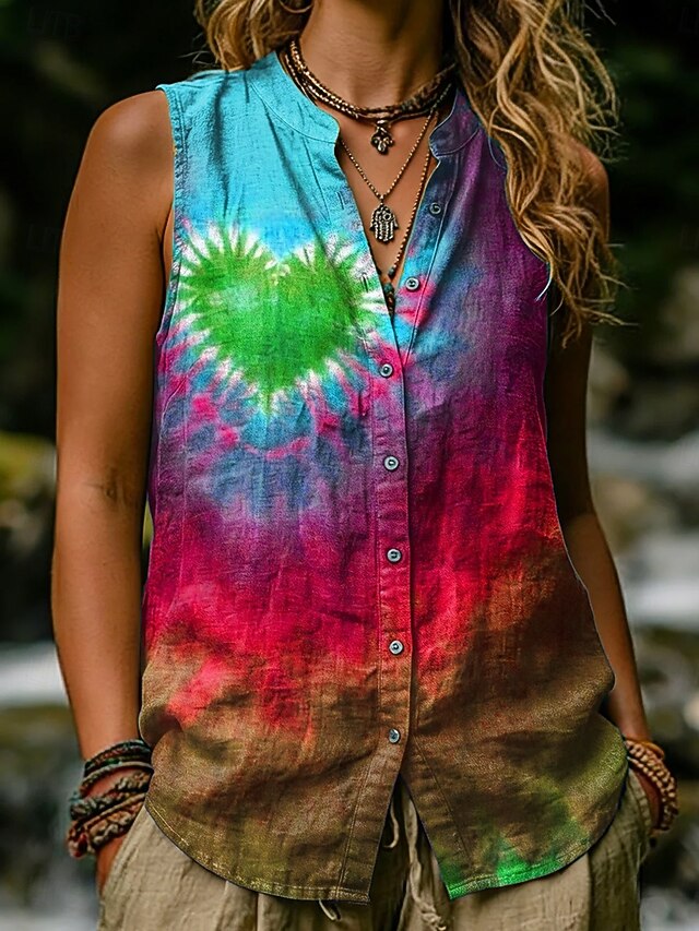 Women's Shirt Cotton Linen Vest Linen Vest Buttons Print