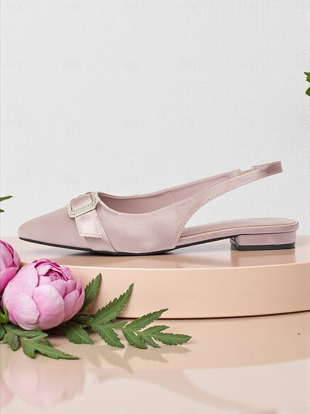 Women's Buckle Slingback with Satin Pink Flats Rhinestone