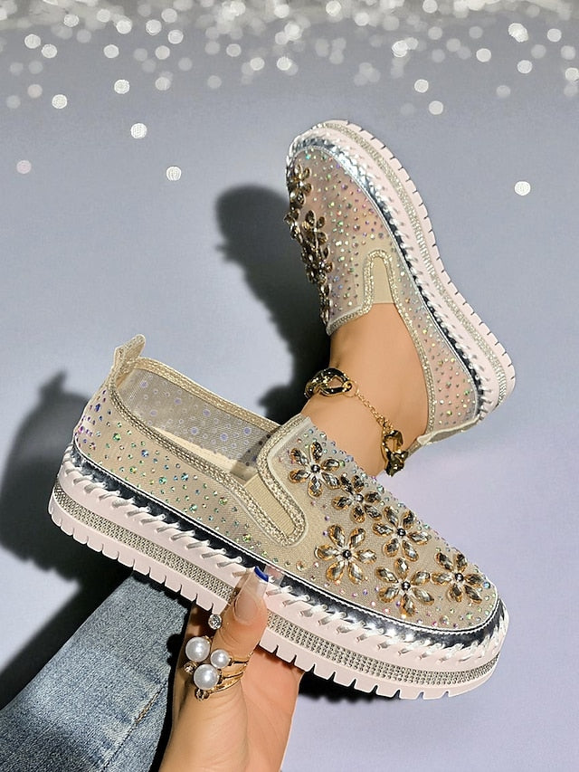 Rhinestone Sneakers with Mesh Women's Embellished Slip-On