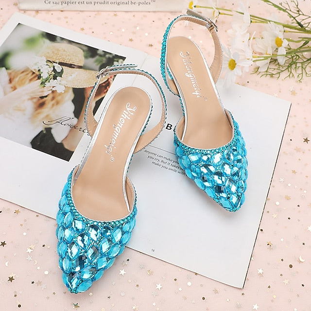 Women's Slingback Crystal Pointed-Toe Heels Rhinestone High