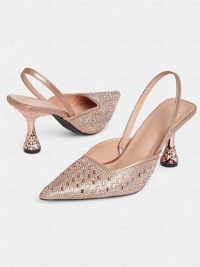 Rose with Rhinestone Gold Women's Heels Slingback Geometric