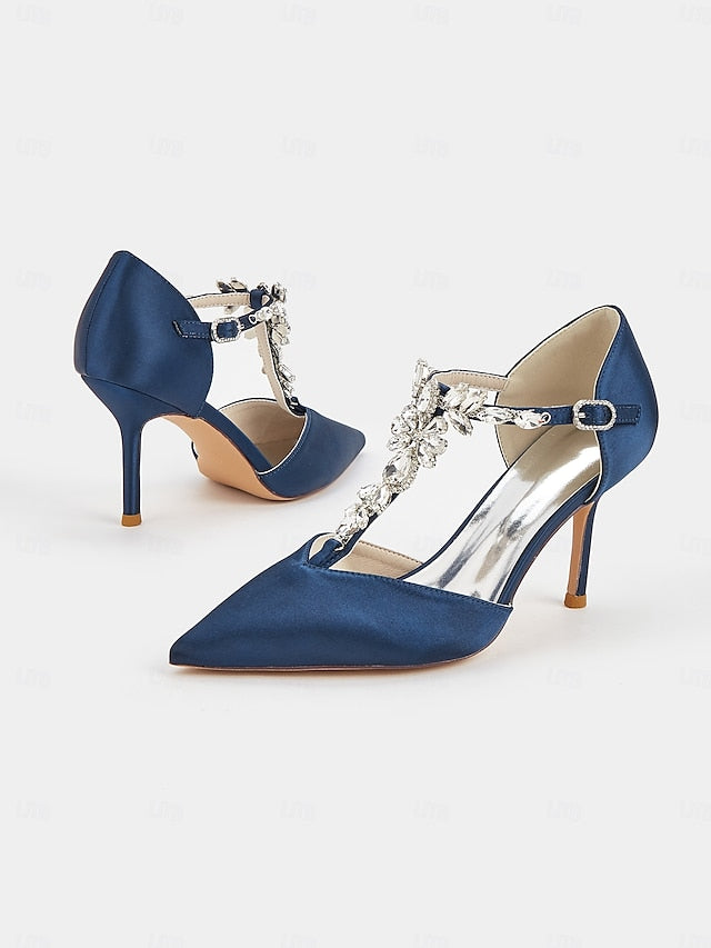Navy T-Strap Heels Women's Toe Satin Blue – Pointed