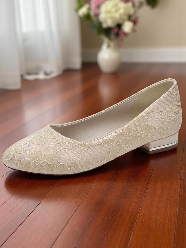 Ivory Women's Lace Heel Flats Low Wedding