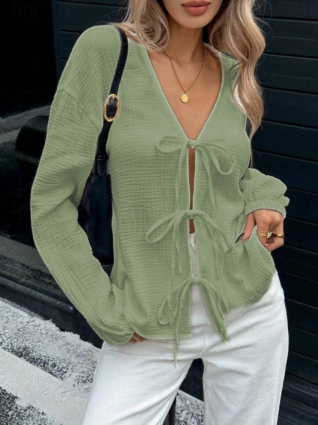 Women's Shirt Blouse Long Sleeve Tops Tie Front Solid Color