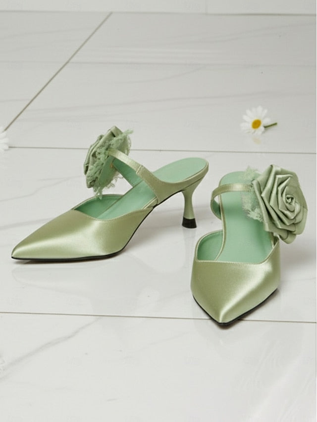 Toe Floral Heels with Green Women's Pointed Ankle Satin
