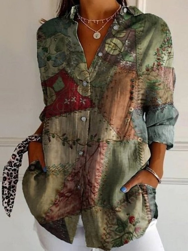 Women's Shirt Button Up Blouse Faux Cotton Linen Buttons