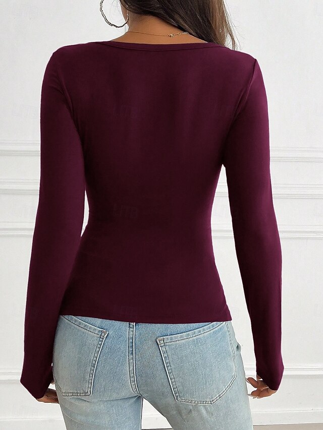 Women's T Shirt Long Cotton Top Tee Top Buttons Plain