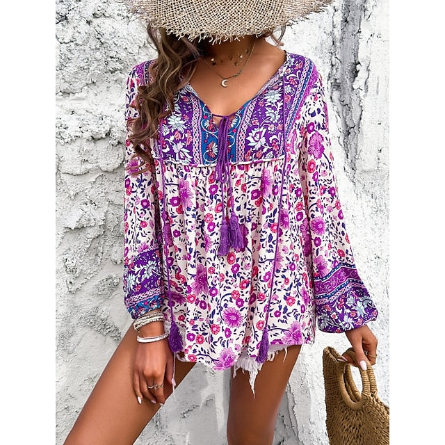 Women's Shirt Blouse Lace up Print Floral Bohemia Ethnic