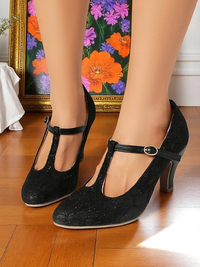 Women's Pumps-1920s T-Strap Mid Ivory Heel Vintage Lace