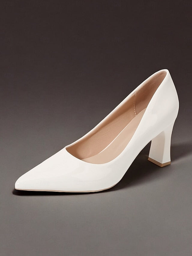 Pointed-Toe Heel Block Leather Patent Pumps Green Faux Glossy
