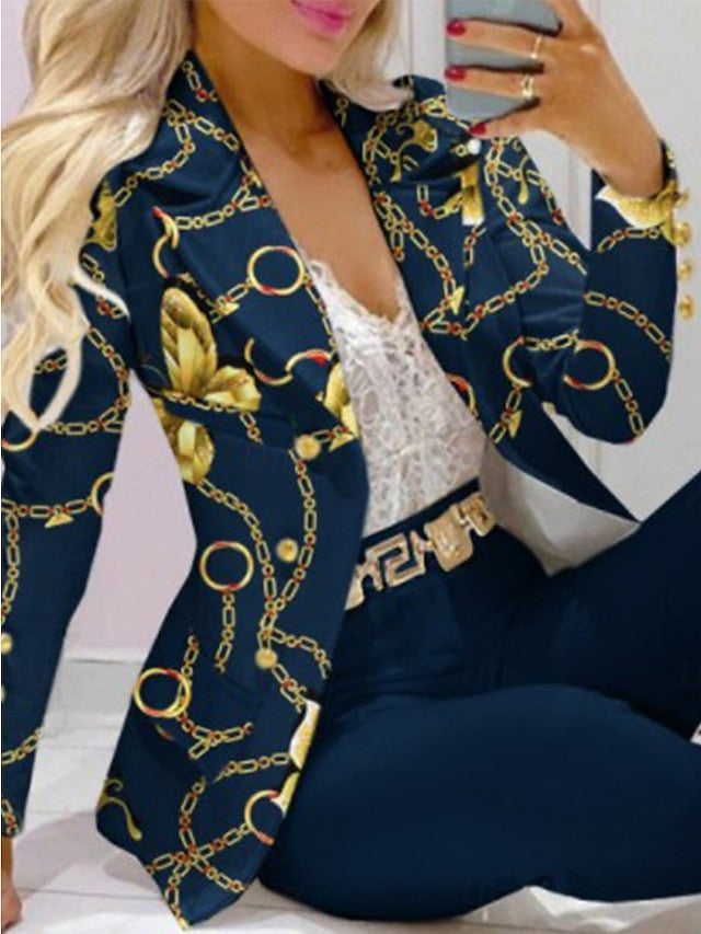 Women's Blazer Trousers Long Sleeve Shirt Collar Graphic