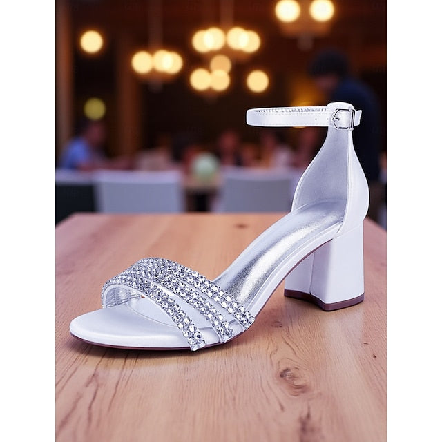 Rhinestone Heel Purple with Satin Block Sandals Women's