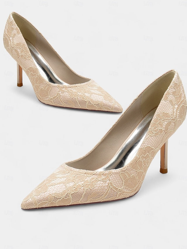 Stiletto Lace-Embroidered Pointed-Toe Women's - Heels