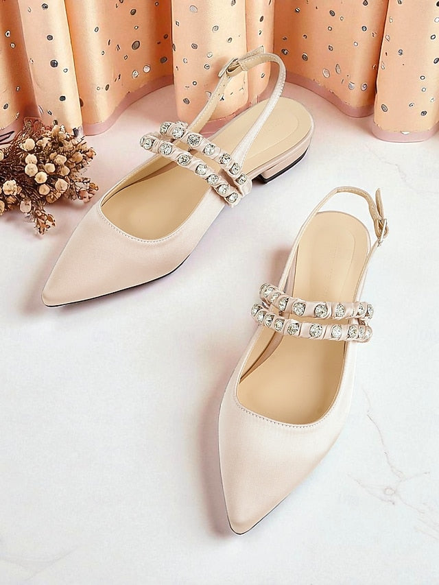 Women's - Slingback Rhinestone Flats Pointed Satin Toe