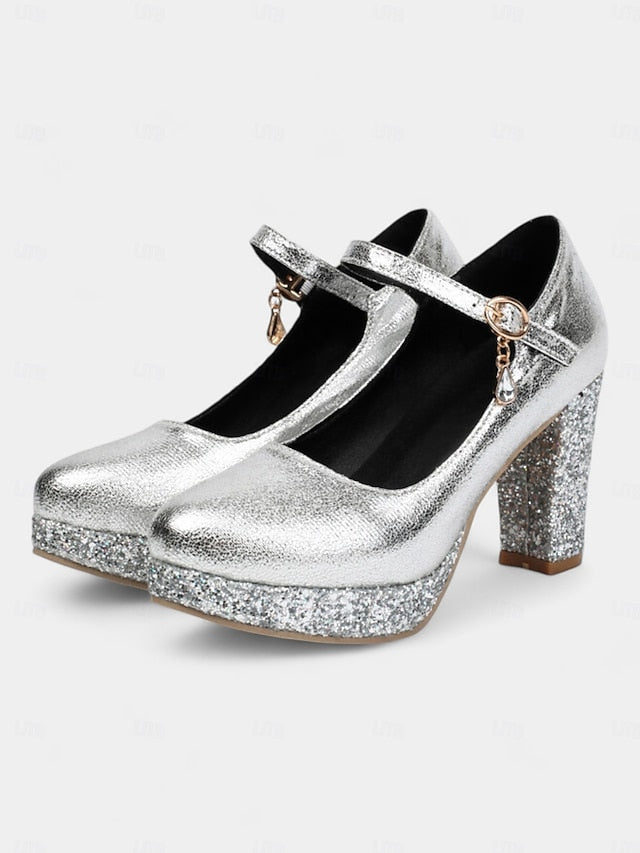 Women's Gold Sparkly Heel Pumps Jane Block Mary – Glitter